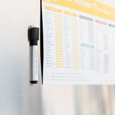 Close up View First Foods Allergy Magnet Tracker on Fridge