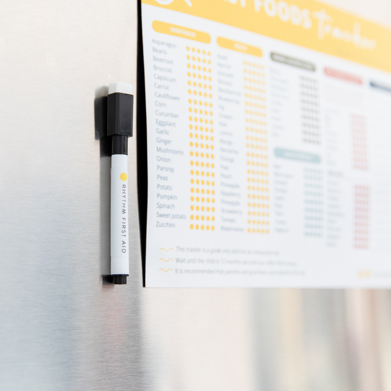Close up View First Foods Allergy Magnet Tracker on Fridge