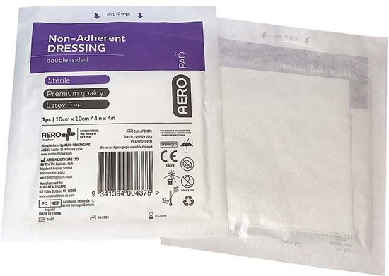 AEROPAD Non-Adherent Dressing 10 x 10cm 1pce front and back of packaging