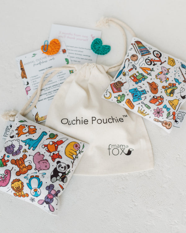 The Ouchie Pouchie Two Pack Pouch and contents