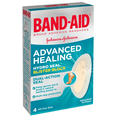 Band Aid Advanced Healing Blister Block 4 pack front of box