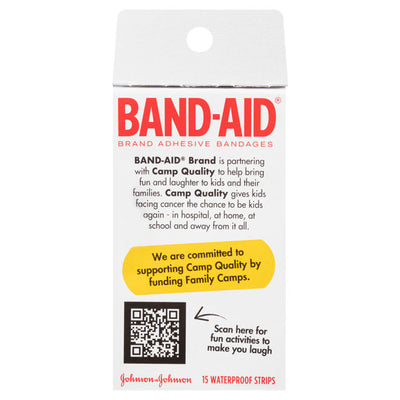 Band-Aid Camp Quality Waterproof Strips 15 pack back of pack