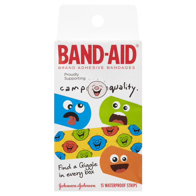 Band-Aid Camp Quality Waterproof Strips 15 pack Front of pack