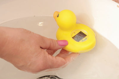 Duck Bath & Room Thermometer going in the bath